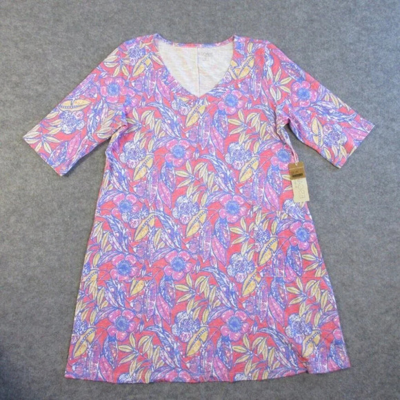 Habitat Womens Mini Dress L Floral Lagenlook Pink Purple Cotton Beach Casual 308 - Picture 1 of 11